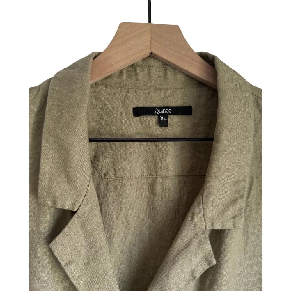 Quince Linen Button Front Shirt Dress Olive Green Short Sleeve Tie Waist XL